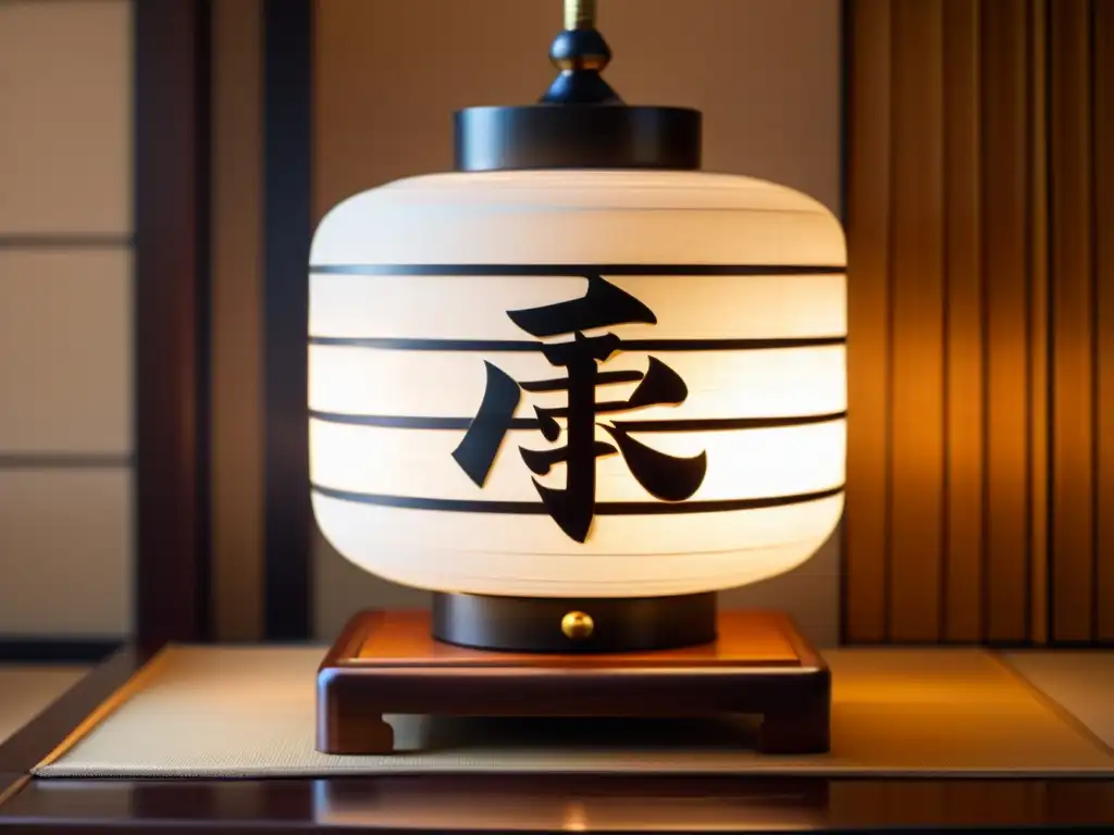 Una hermosa lámpara japonesa inspirada en Bushidō ilumina la habitación con su suave resplandor, destacando su exquisita artesanía