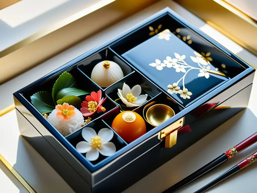 Una hermosa presentación de gastronomía samurái en una caja bento japonesa, con detalles de cerezos pintados a mano y hojas de oro