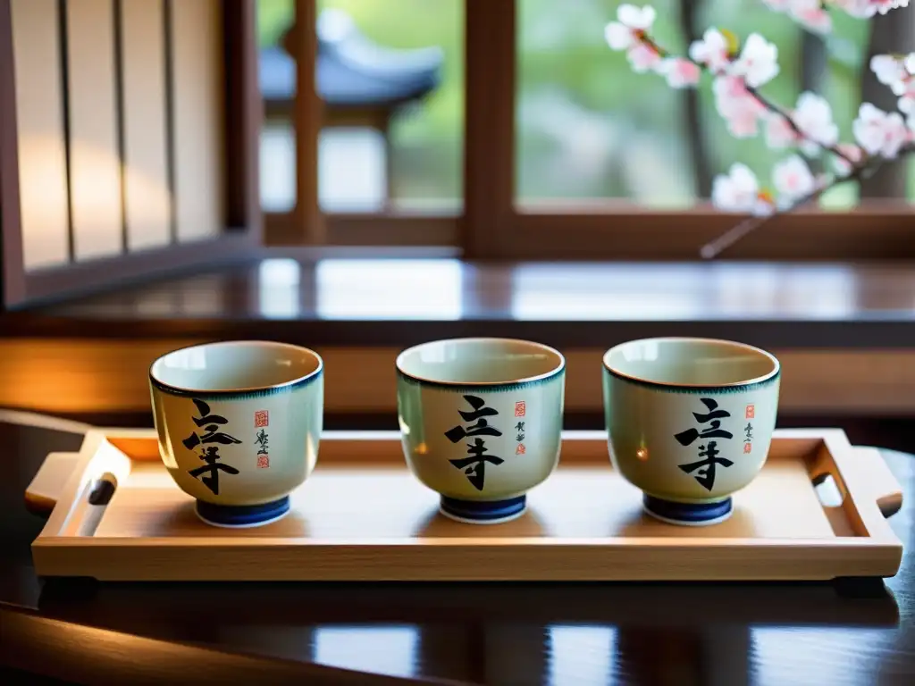 Una hermosa presentación de tazas y botellas de sake tradicionales japonesas en una bandeja de madera, iluminadas por una suave luz natural