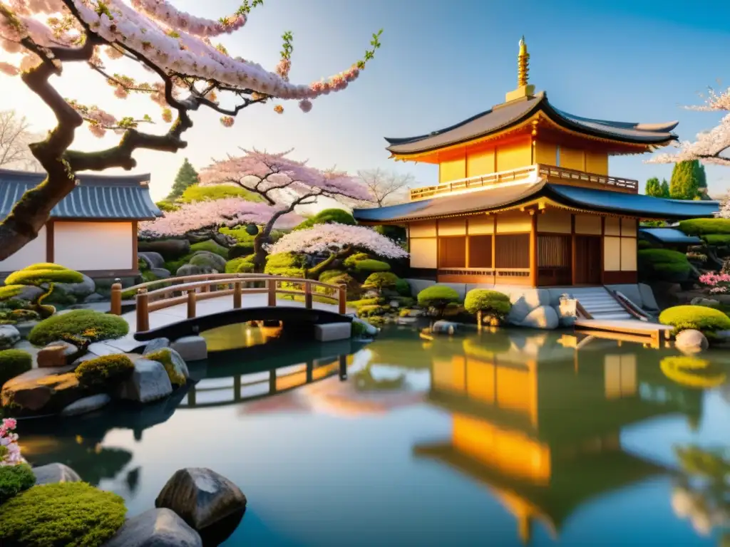 Una hermosa fotografía en 8k de un jardín japonés tradicional con árboles bonsái, un estanque de carpas koi y un puente de madera sobre el agua