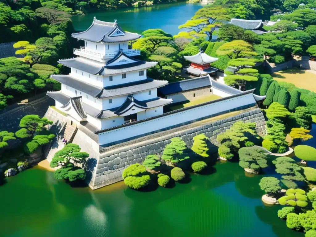 Hermosa vista aérea del Castillo de Himeji, resaltando sus blancas paredes y tejados entre la exuberante vegetación