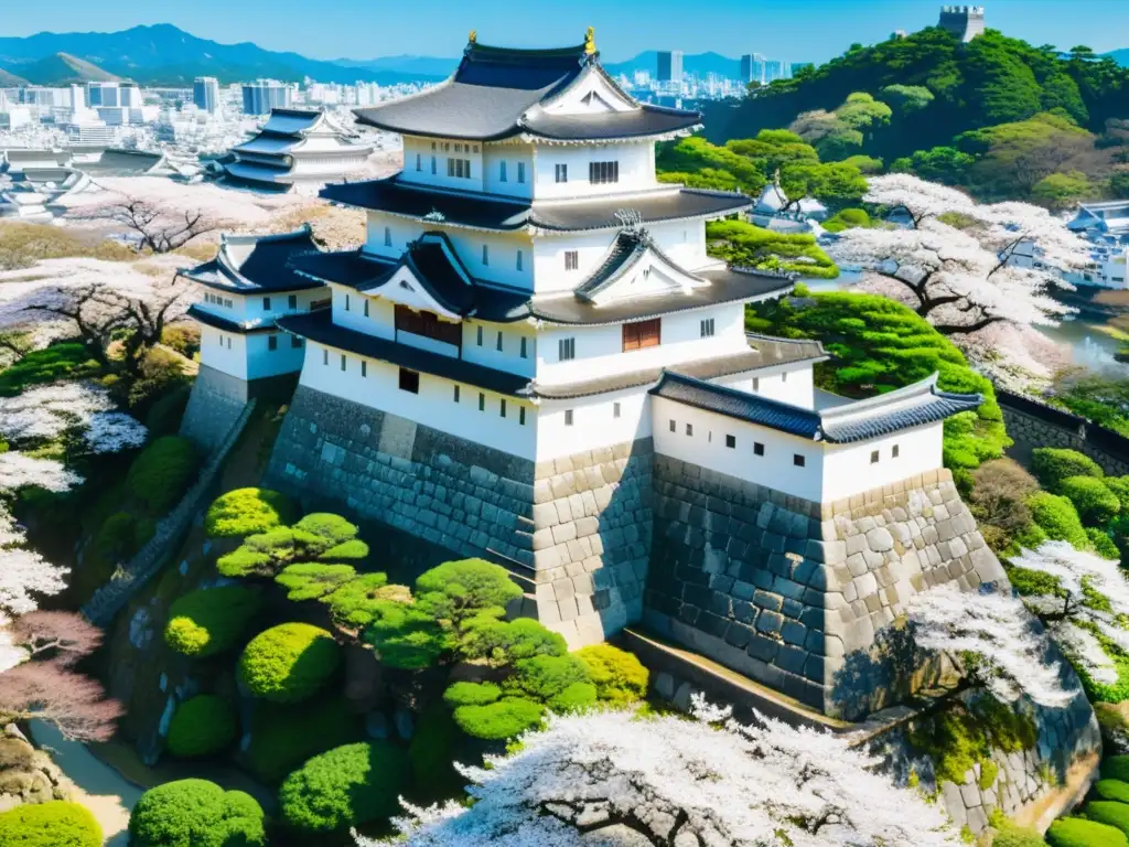 Hermosa vista aérea del Castillo de Himeji rodeado de cerezos en flor