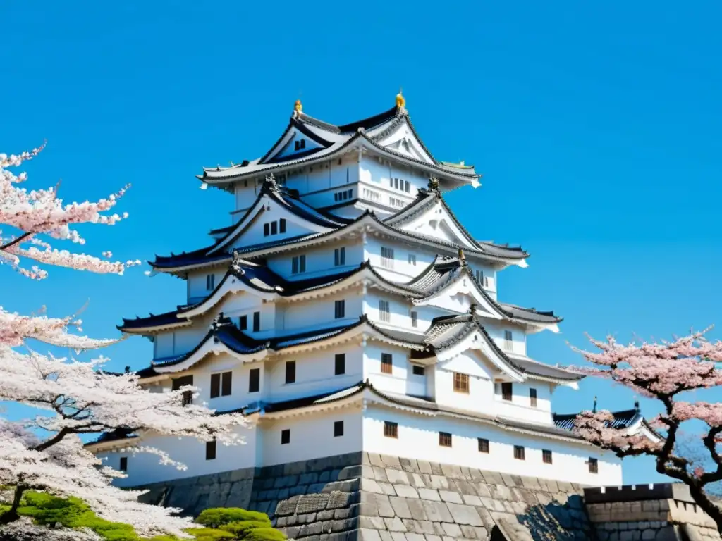 Hermoso castillo Himeji rodeado de cerezos en flor, reflejando la historia y cultura de los castillos samurái en Japón