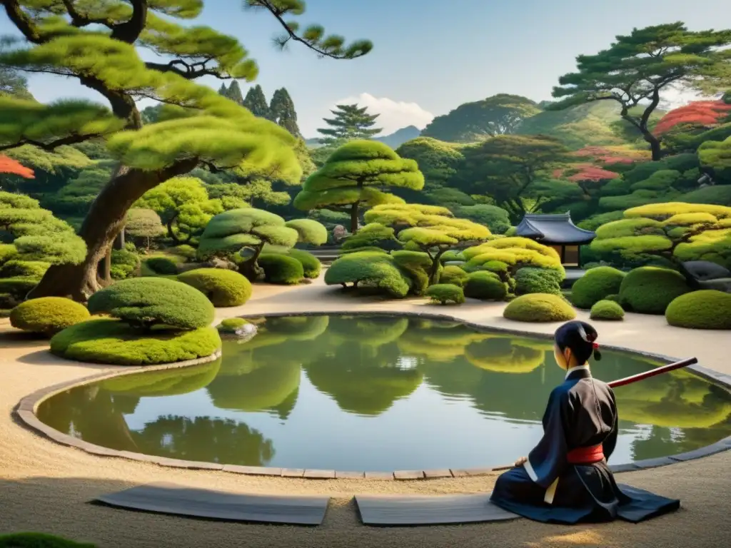 Un hermoso jardín japonés con árboles cuidadosamente podados, senderos de grava y un estanque sereno que refleja la naturaleza circundante