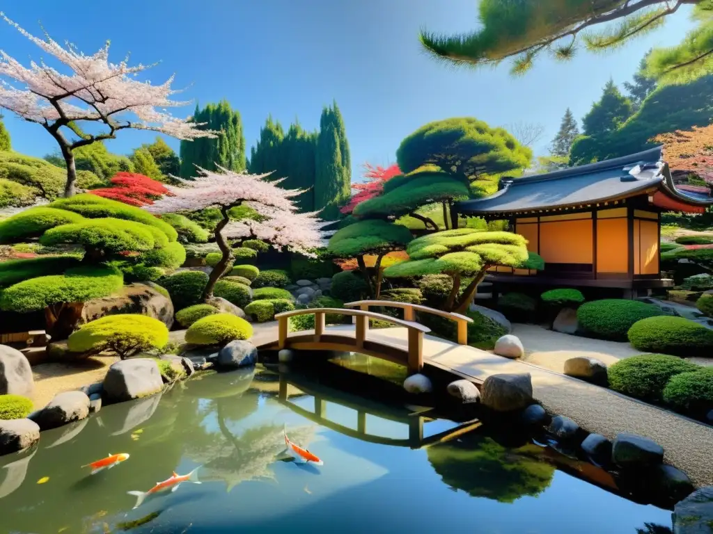 Un hermoso jardín japonés con bonsáis, koi y una pagoda, evocando el arte japonés y el honor samurái