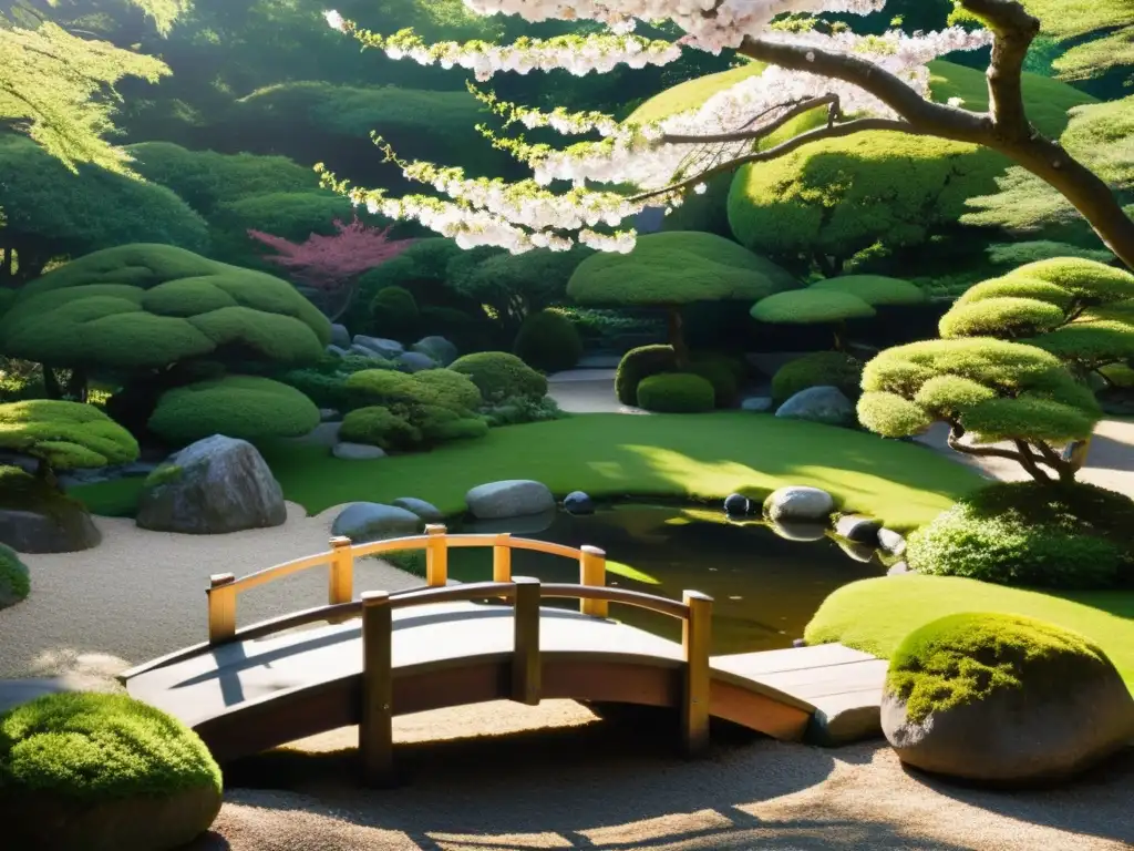 Un hermoso jardín japonés con un puente de madera sobre un estanque tranquilo, rodeado de vegetación exuberante y árboles de cerezo en flor