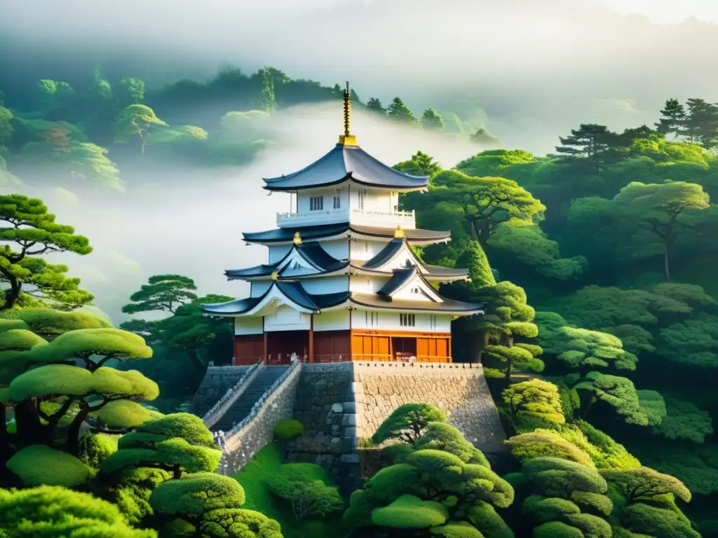 Castillo japonés: belleza atemporal y serenidad Hermoso castillo samurái en un paisaje sereno y verde, evocando principios filosóficos de construcción