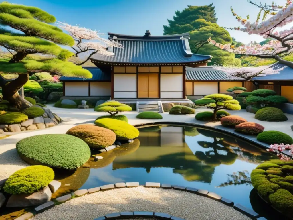 Un hermoso jardín japonés tradicional con paisajes serenos, bonsáis y un templo en armonía con la naturaleza