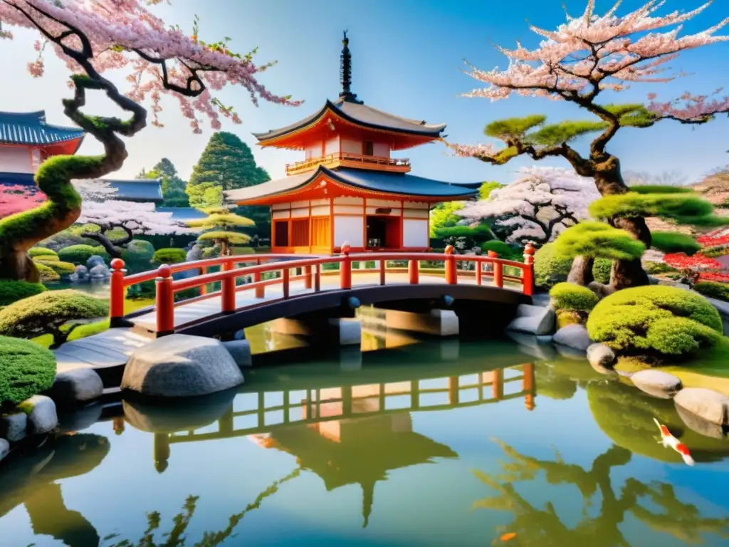 Un hermoso jardín japonés tradicional con un puente de piedra, koi nadando y una ceremonia de té samurái bajo los cerezos en flor