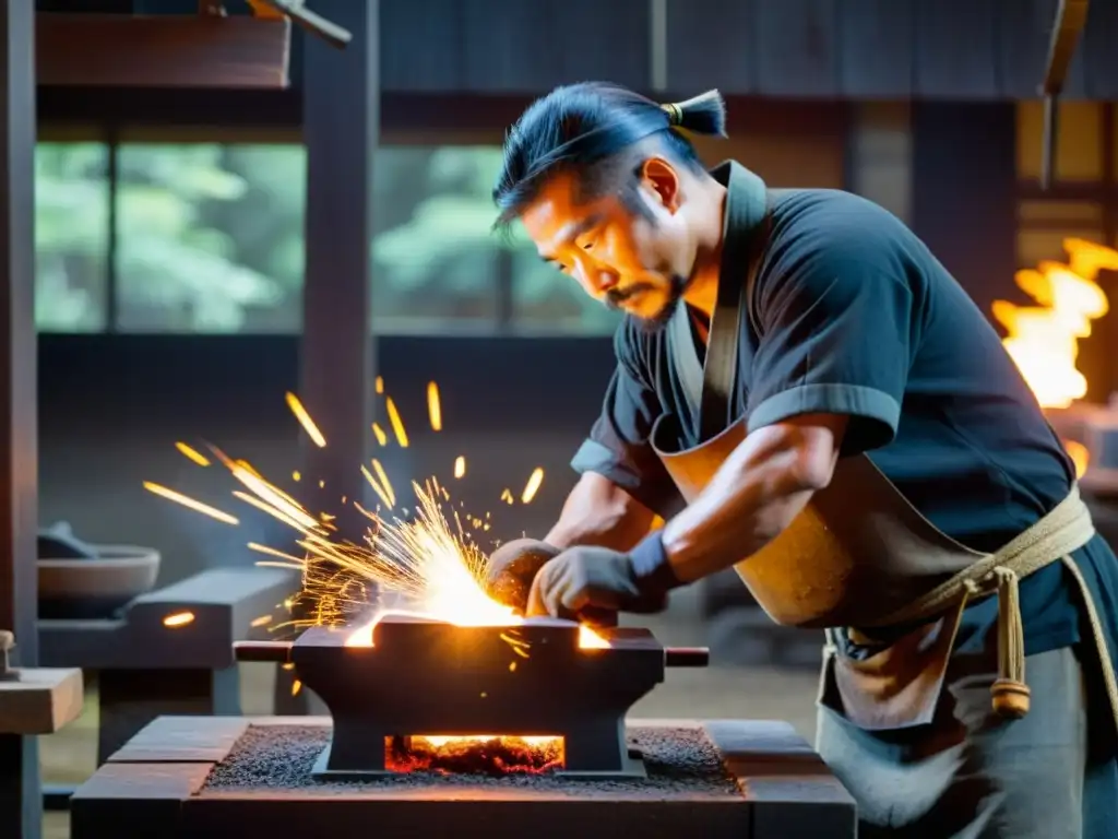 Un herrero en atuendo tradicional japonés forja una armadura samurái, creando chispas que iluminan su taller