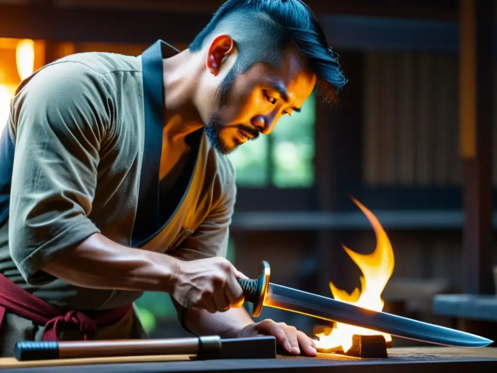 Un herrero contemporáneo inspecciona con cuidado el filo de una katana recién forjada en un taller japonés tradicional