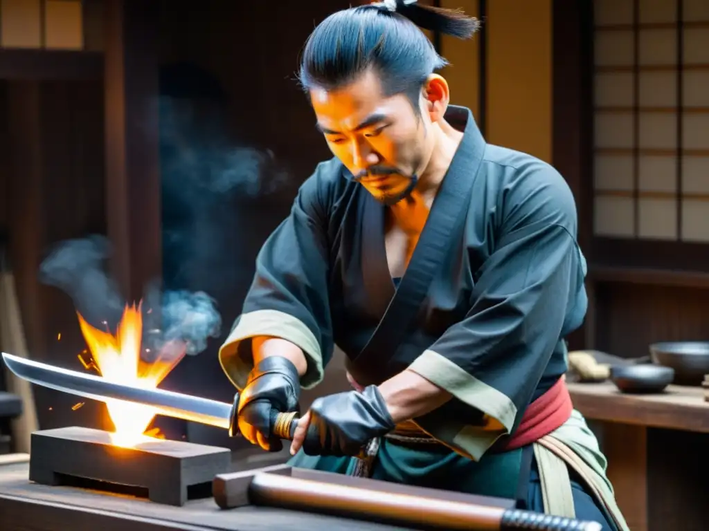 Un herrero destacado de la historia japonesa forja una katana con precisión en su taller iluminado por el fuego