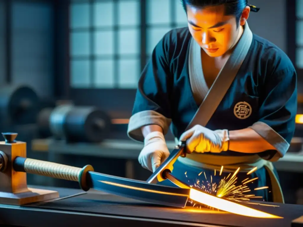 Un herrero experto forja una katana tradicional japonesa en un taller moderno, fusionando tecnología y tradición