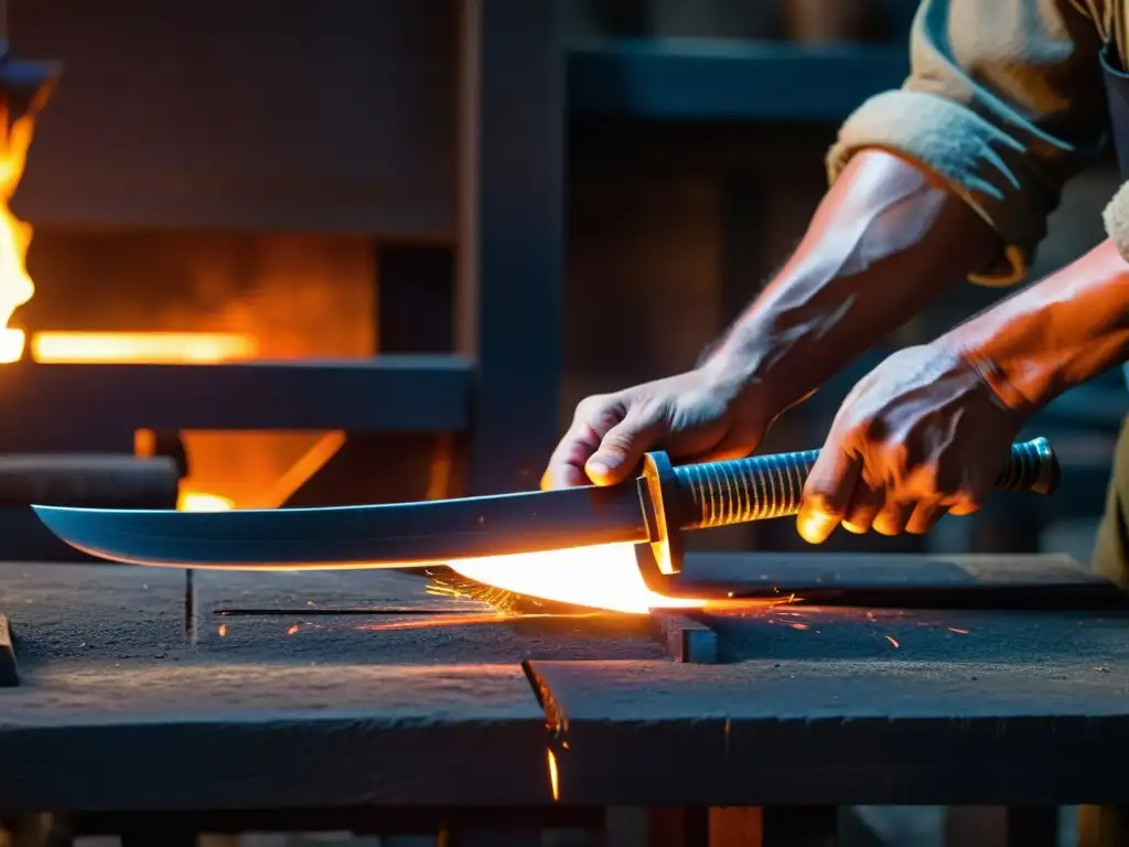 Un herrero destaca en la historia al forjar una katana en su taller, iluminado por el brillo del fuego