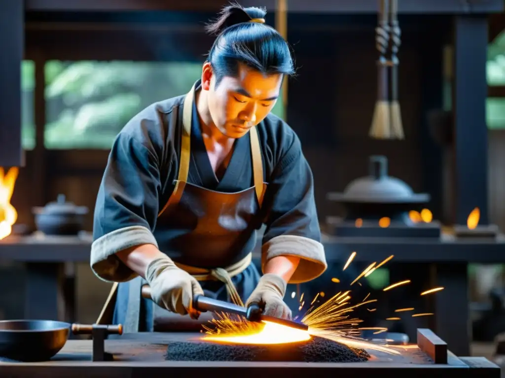 Un herrero japonés forja y ensambla una armadura Yoroi samurái, mostrando la fabricación tradicional con destreza y dedicación