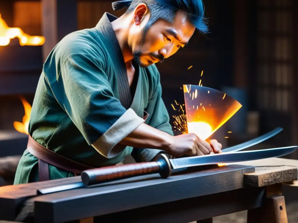 Un herrero japonés concentradamente forja una hoja Wakizashi