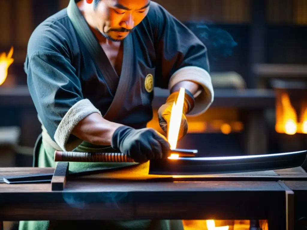 Un herrero japonés concentradamente forja una hoja de katana, resaltando el equilibrio entre flexibilidad y dureza