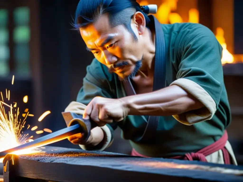 Un herrero japonés forja con cuidado una espada Wakizashi, con chispas volando y el intenso calor iluminando la escena, mostrando la evolución del Wakizashi como símbolo cultural japonés