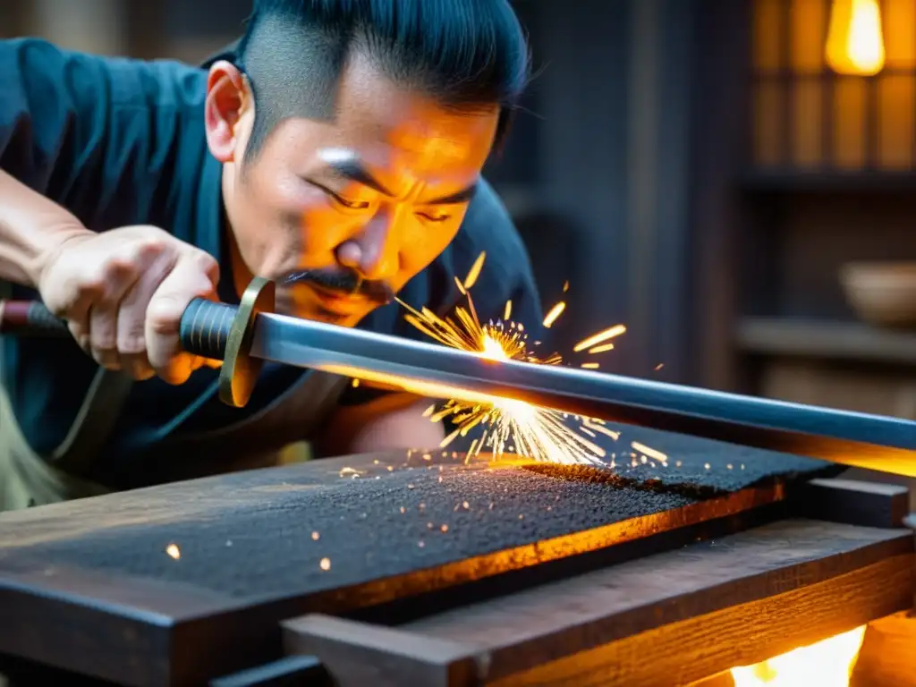 Un herrero japonés moldea con cuidado un filoso katana samurái, iluminando la tradición ancestral de su elaboración