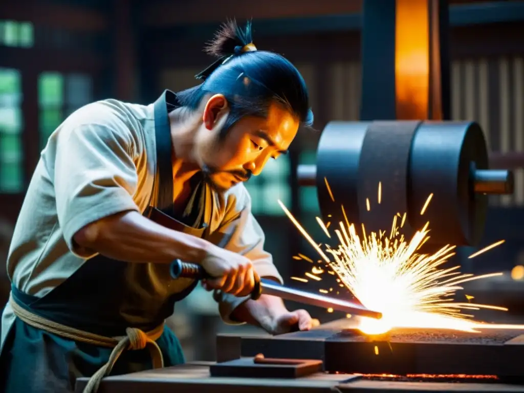 Un herrero japonés forja con cuidado una katana, con chispas volando mientras da forma al metal al rojo vivo con precisión