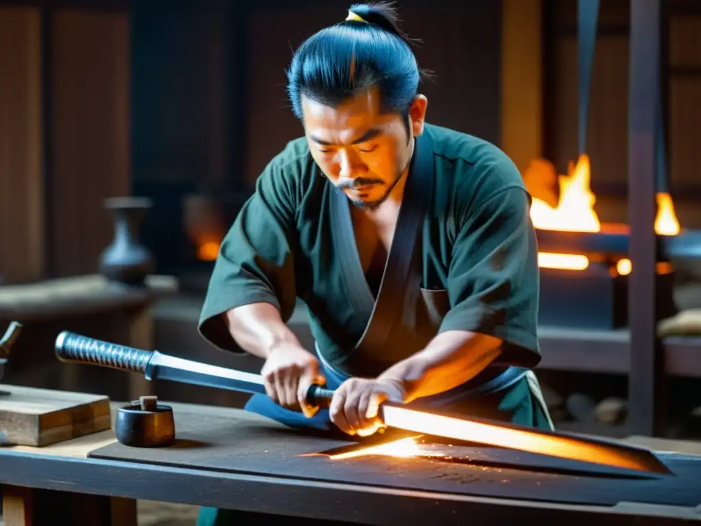 Un herrero japonés forja con destreza una espada katana en su tradicional taller, rodeado de herramientas antiguas