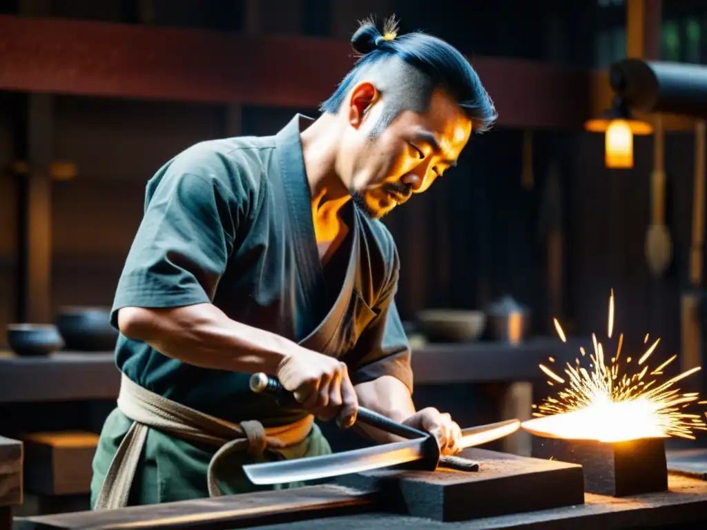 Un herrero japonés forja una espada katana en su taller, mostrando técnicas de combate con katana samurái