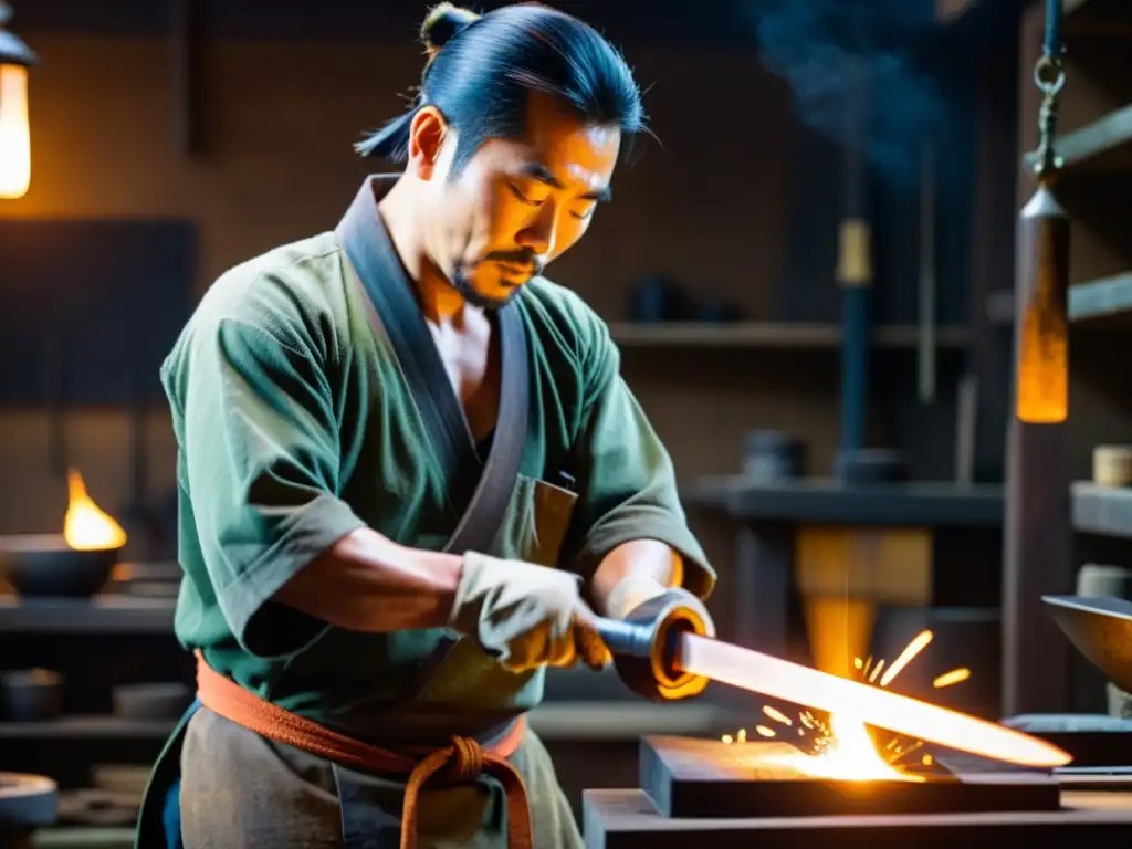 Un herrero japonés forja una espada katana en su taller tradicional, destacando las técnicas de forjado de la época samurái