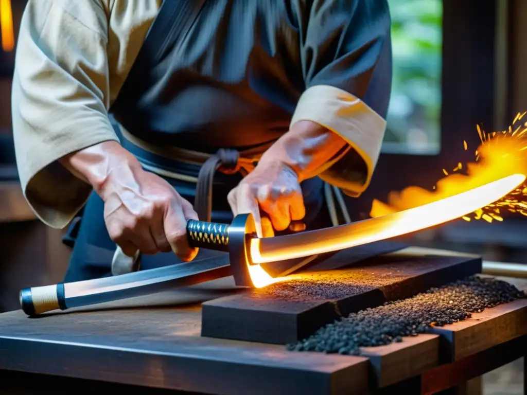 Un herrero japonés crea una espada katana con destreza, iluminado por el fuego de la fragua