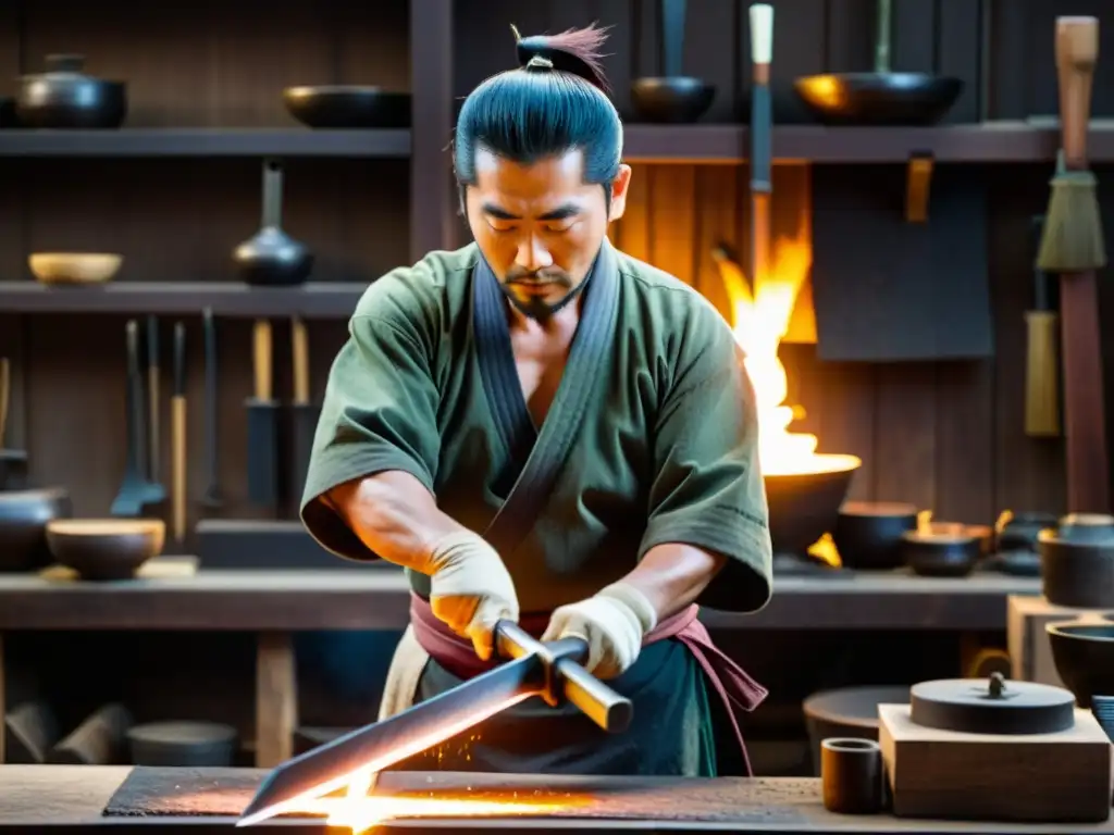 Un herrero japonés forja una espada samurái en su taller tradicional, envuelto en la cálida luz del fuego