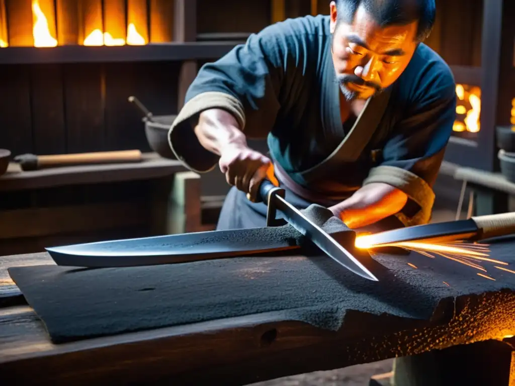 Un herrero japonés forja una espada samurái con destreza en su taller rústico, destacando la importancia de la espada samurái