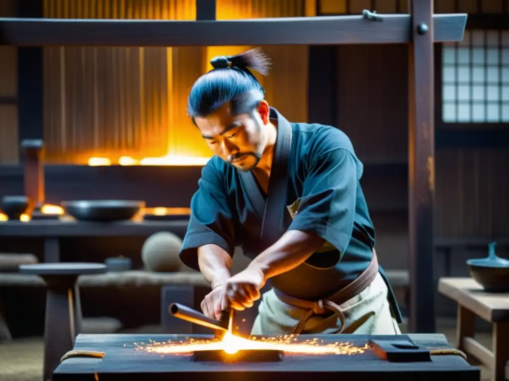 Un herrero japonés forja una espada samurái en su taller tradicional, destacando la artesanía y la importancia de la espada samurái en la cultura japonesa