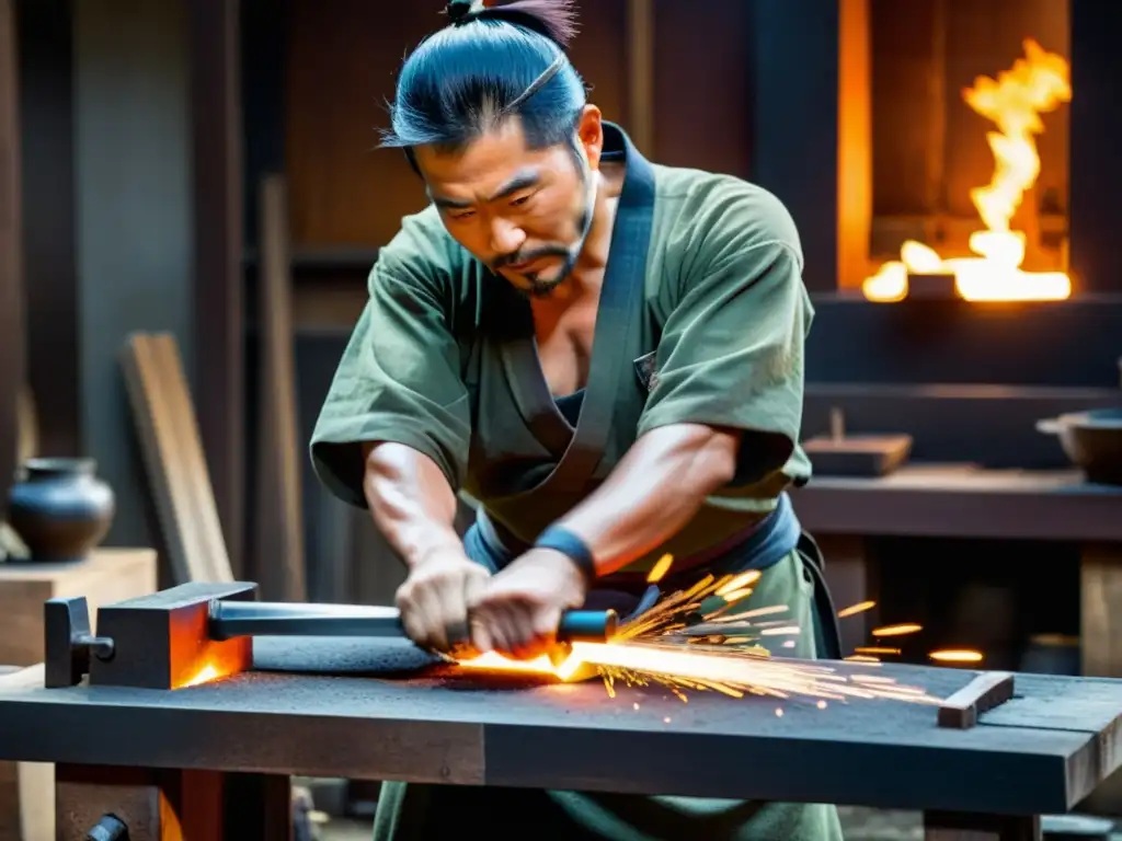 Un herrero japonés forja una espada samurái con exhibiciones técnicas en su tradicional taller, entre chispas y herramientas antiguas