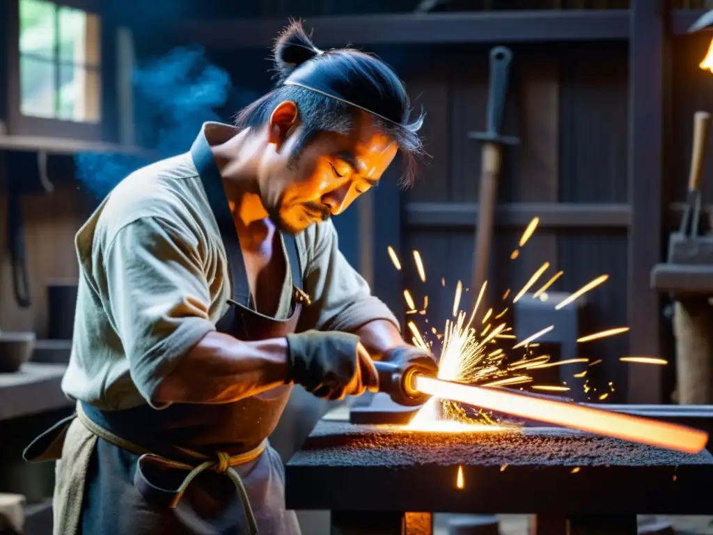 Un herrero japonés forja una espada samurái en su taller, mostrando la artesanía y la filosofía Bushido en la antigua creación de espadas