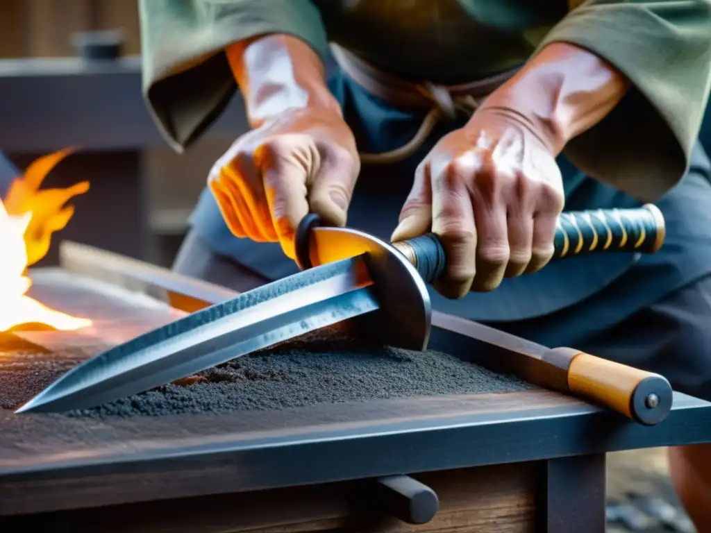 Un herrero japonés experto forja con cuidado una katana, demostrando la importancia de la colección de espadas samurái con técnicas ancestrales