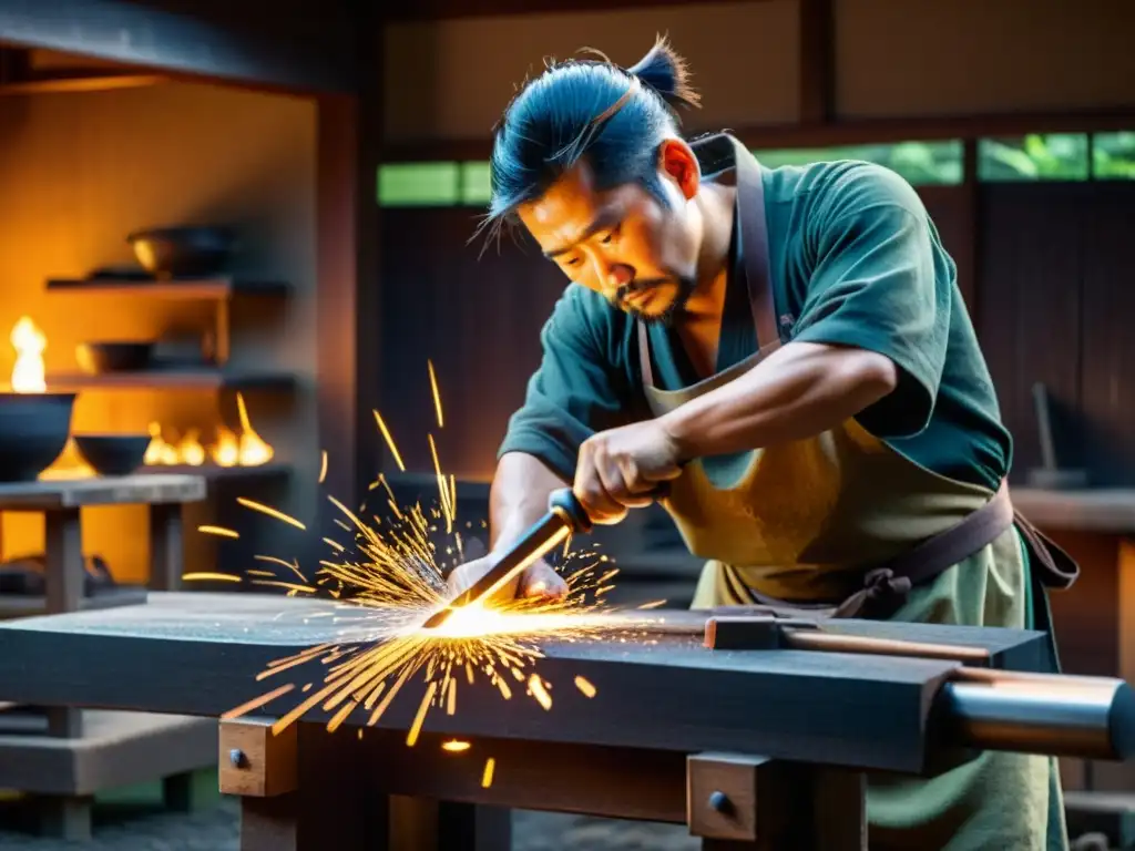 Un herrero japonés experto forja una espada samurái en su taller tradicional, capturando la evolución de la katana samurai con maestría ancestral