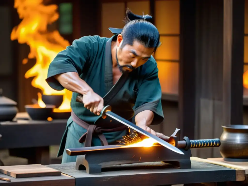 Un herrero japonés experto forja una katana con destreza, mientras las llamas del horno iluminan la escena