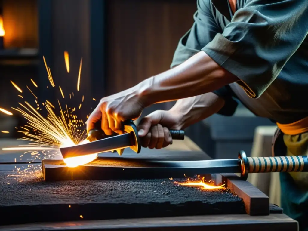 Un herrero japonés experto forja una katana con equilibrio, flexibilidad y dureza, en un ambiente de antigua artesanía y precisión