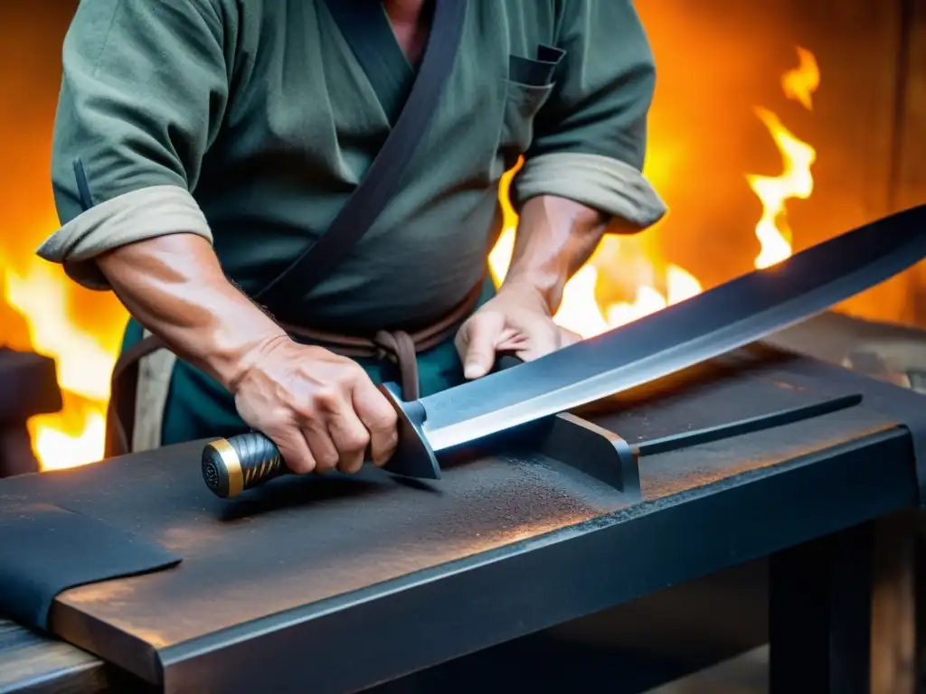 Un herrero japonés experto forja una katana con preservación ancestral del filo samurái en su taller iluminado por el fuego de la fragua