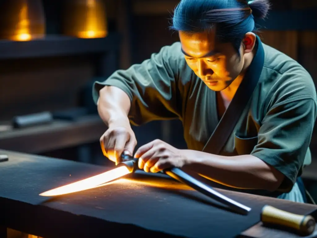 Un herrero japonés experto en forjar la evolución de la katana con metal incandescente en su taller tenue, destacando su destreza ancestral