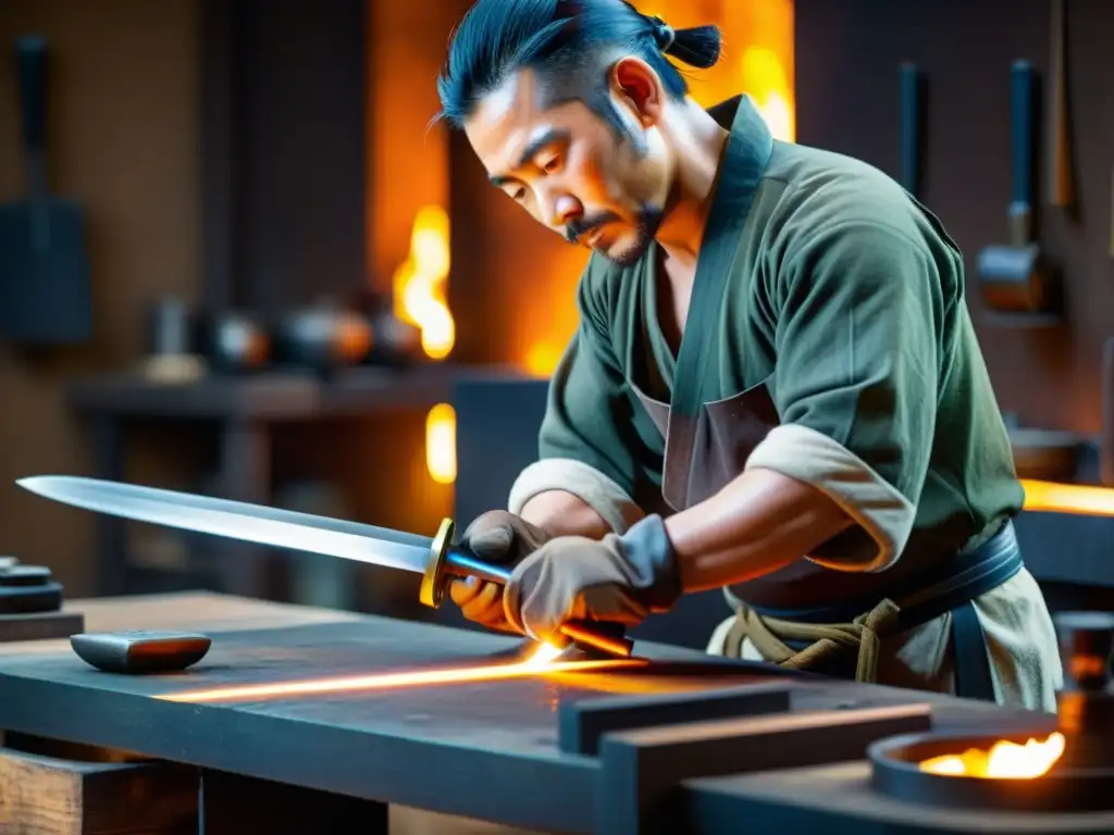 Un herrero japonés experto forja una katana, resaltando la importancia de la katana en artes marciales y la artesanía tradicional japonesa