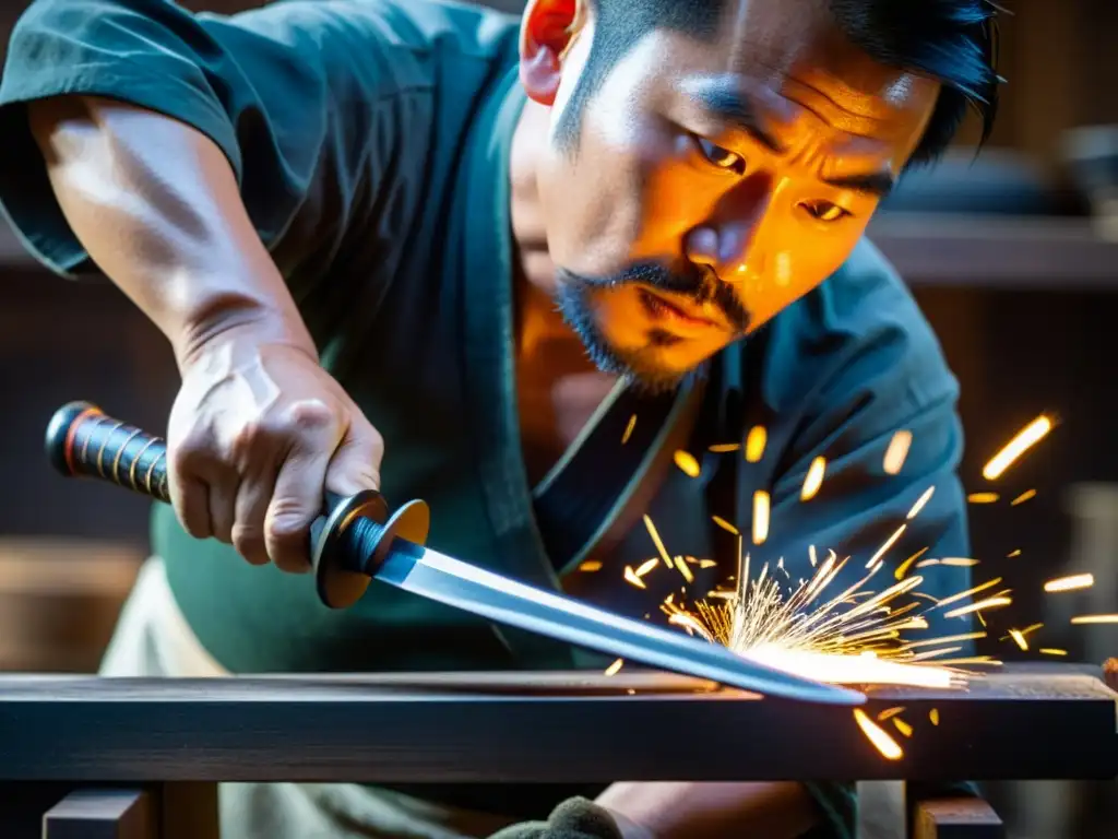 Un herrero japonés experto forja una katana con precisión, capturando la esencia de la restauración de katanas antiguas