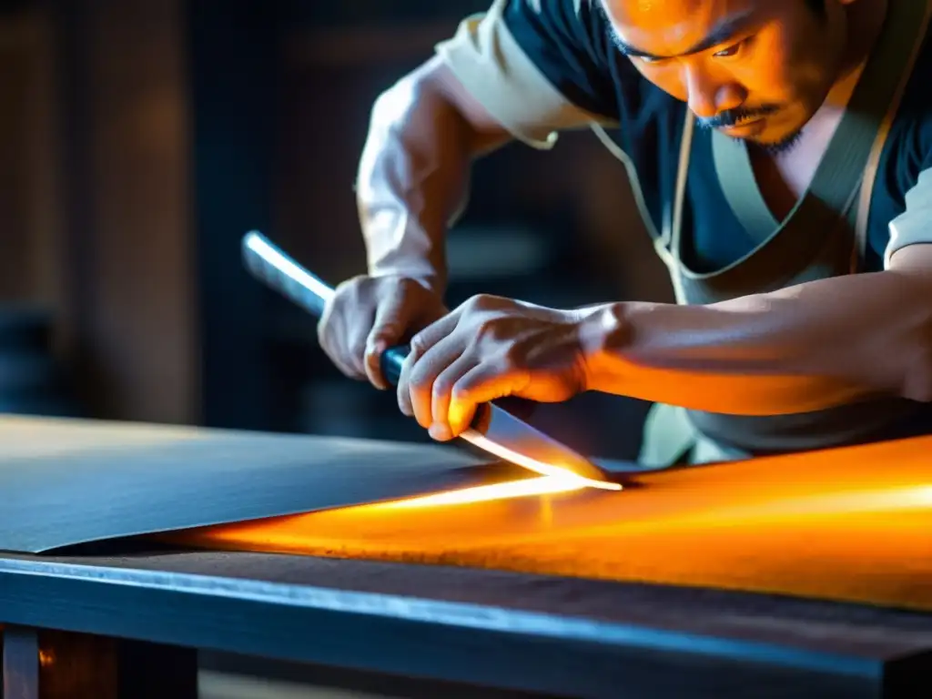 Un herrero japonés experto en forjar katanas con intensa concentración en su taller, iluminado por el resplandor del horno