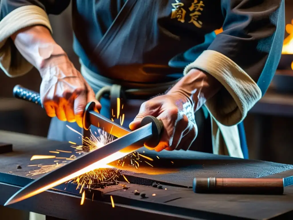 Un herrero japonés experto realiza el meticuloso mantenimiento de una réplica de espada samurái, rodeado de chispas y el aroma a acero forjado