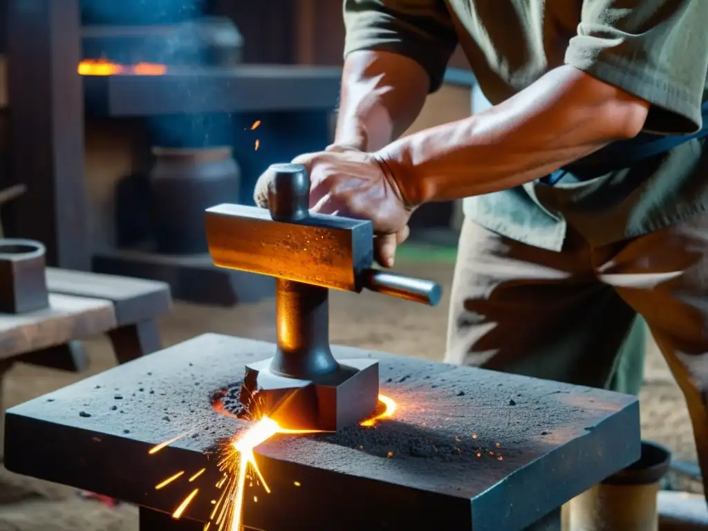 Un herrero japonés experto forja con pasión una armadura samurái en su tradicional taller, mostrando la selección de materiales con maestría