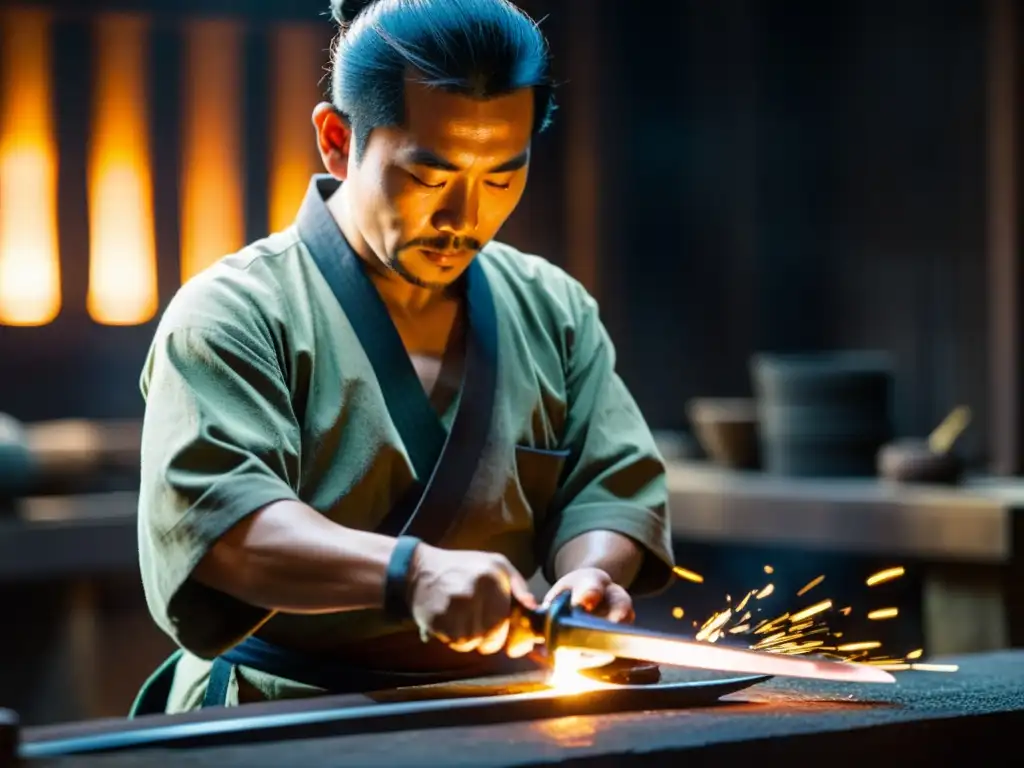 Un herrero japonés experto forja con precisión una espada katana, en un taller atmosférico