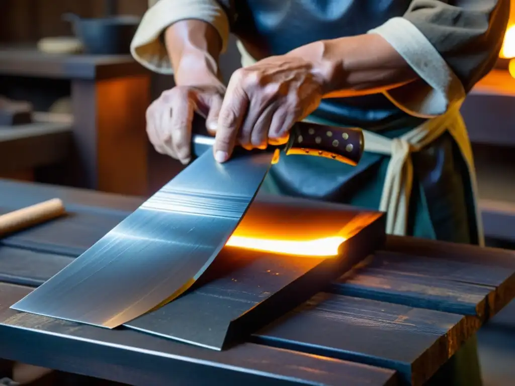 Un herrero japonés experto en la técnica ancestral de laminación de armaduras samuráis forja con cuidado una pieza de acero, creando intrincados patrones mientras las chispas vuelan en su taller iluminado por el resplandor de la fragua