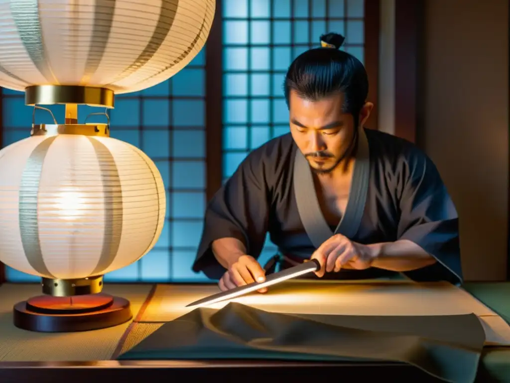 Un herrero japonés examina detalladamente la hoja de una katana bajo la suave luz de una linterna de papel, mostrando el cuidado y mantenimiento de la katana samurái en una reverente escena