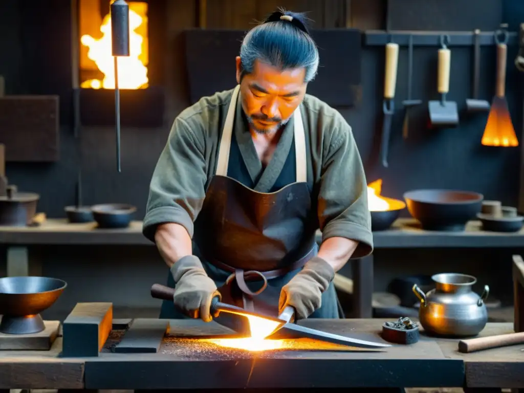 Un herrero japonés elabora una hoja de Naginata en su taller, rodeado de herramientas y materiales