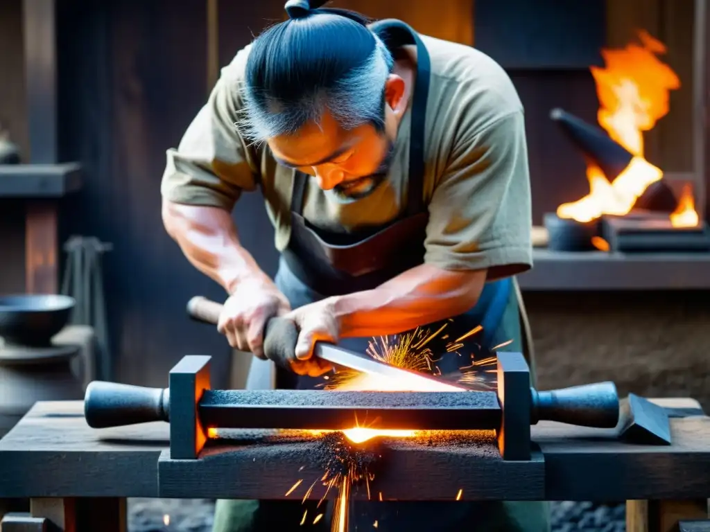 Un herrero japonés forja un wakizashi con intensa concentración y destreza en su taller