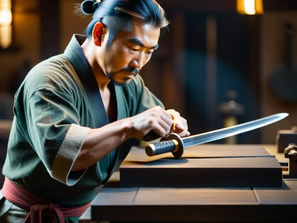 Un herrero japonés trabaja con intensidad en su taller, forjando capas de acero para crear una katana auténtica